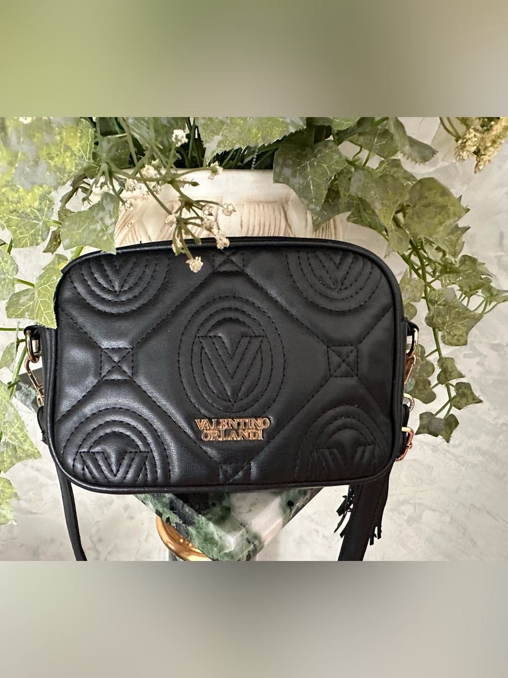 Valentino Orlandi Black Quilted Leather Shoulder Bag with Gold Logo